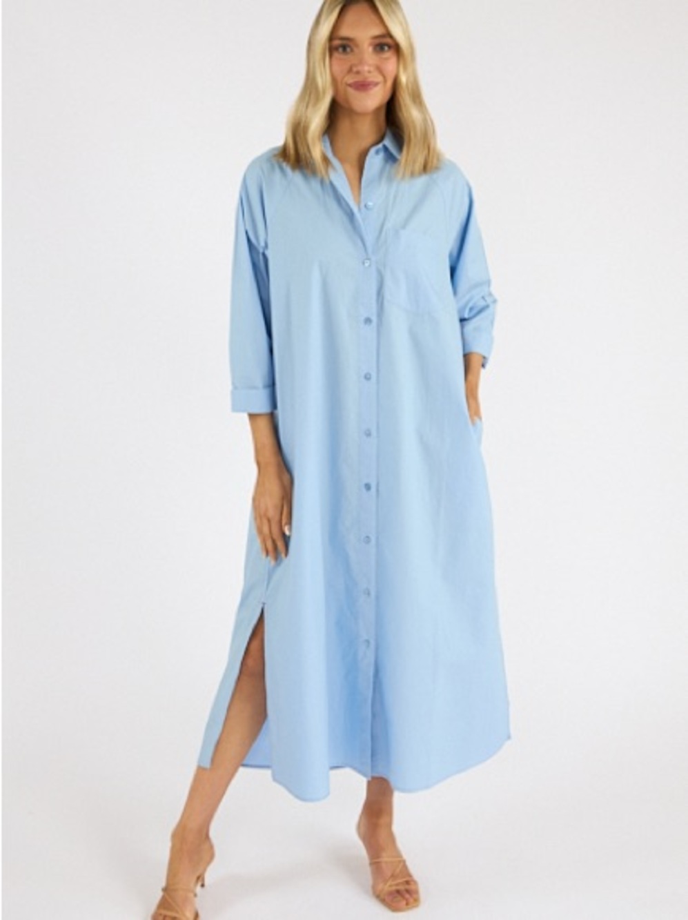 Adrienne Regan Maxi Sky Blue Solid Shirt Dress Large